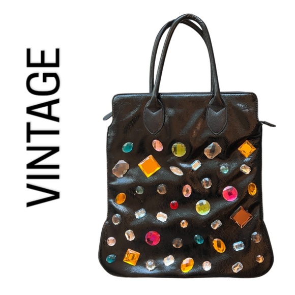 Stella & Max Handbags - 90s Large Tote Patent with Faceted Gemstones Black Zipper Lined Pockets Vintage
